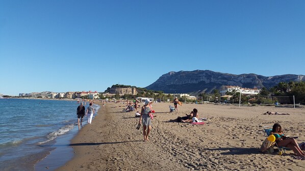 A beach with people walking and relaxing, a clear sky, and buildings in the background.