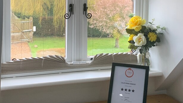 Ein Zimmer mit einem großen Dachfenster mit Blick auf einen Garten, ein gerahmtes Zertifikat auf einem Holztisch und eine Vase mit Blumen auf dem Fensterbrett.