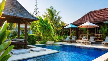 Outdoor pool, pool umbrellas, pool loungers