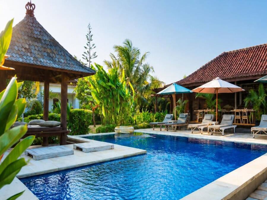 Kolam renang outdoor, dengan payung kolam renang dan kursi berjemur