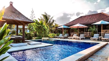 Outdoor pool, pool umbrellas, pool loungers