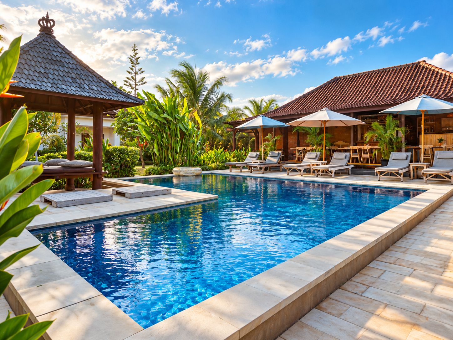 Piscina com espreguiçadeiras e guarda-sóis, cercada por plantas tropicais e um gazebo.