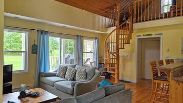 TV, fireplace, DVD player, books