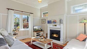 Una Smart TV, una chimenea, un reproductor de DVD, una videoteca