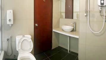 Shower, free toiletries, hair dryer, towels