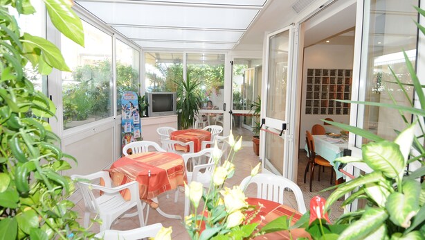 A sunlit patio area with tables and chairs, a television, and potted plants. - Hotel Tre Grazie (Rimini)
