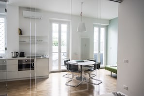 Fridge, microwave, stovetop, espresso maker