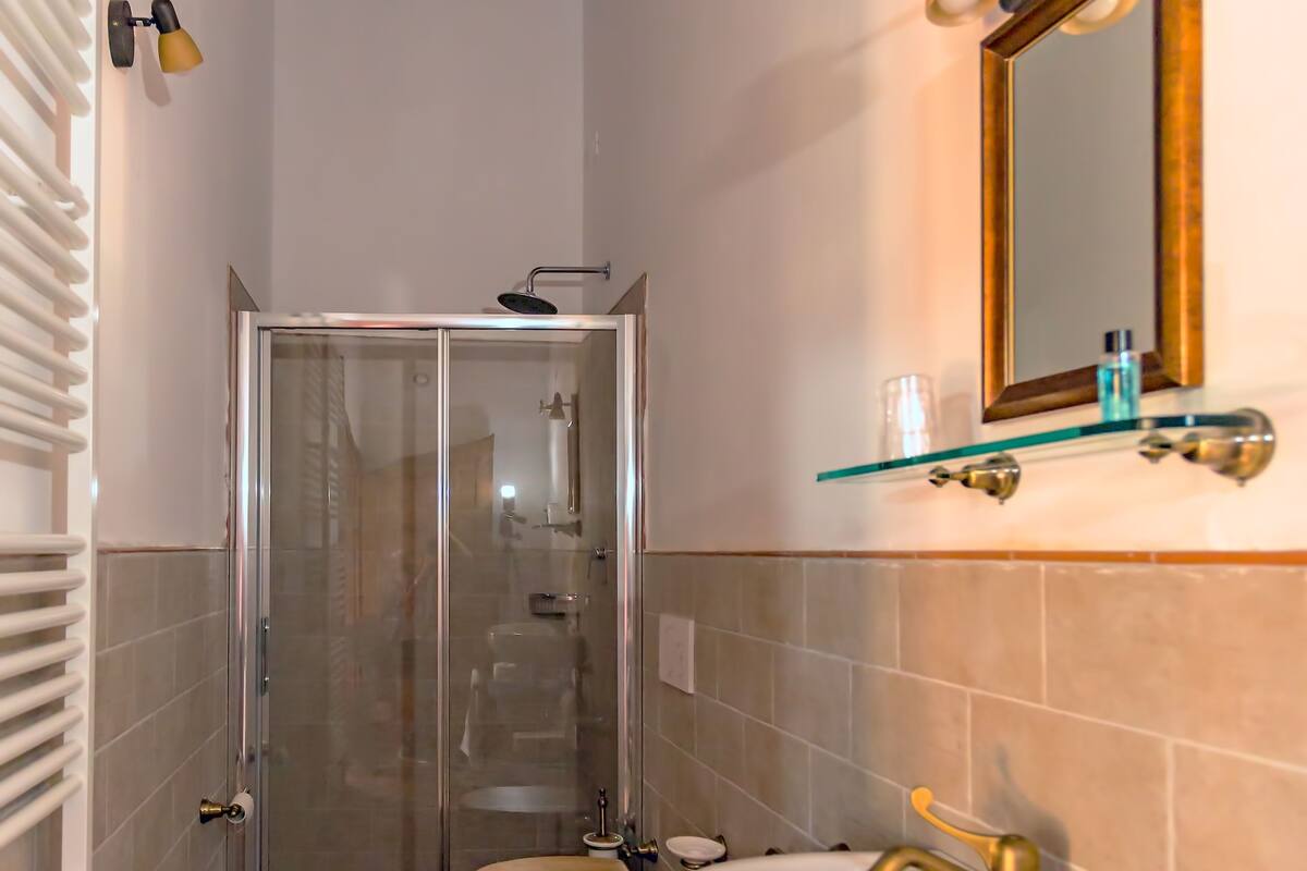 Een badkamer met een douchecabine van glas, een toilet, een wastafel met een gouden kraan en een spiegel met houten lijst.