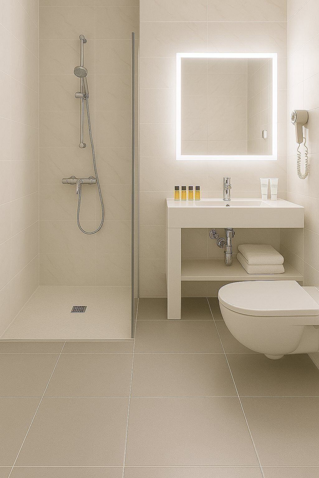 Amenidades de baño gratuitas, secadora de cabello, pantuflas, toallas 