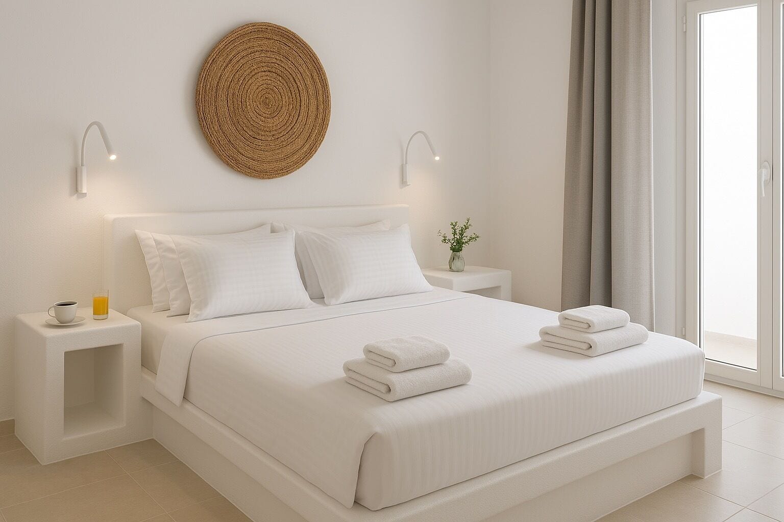 A modern bedroom with a large bed, white bedding, two bedside tables with lamps, a wall-mounted decorative item, and a view of the outdoors.