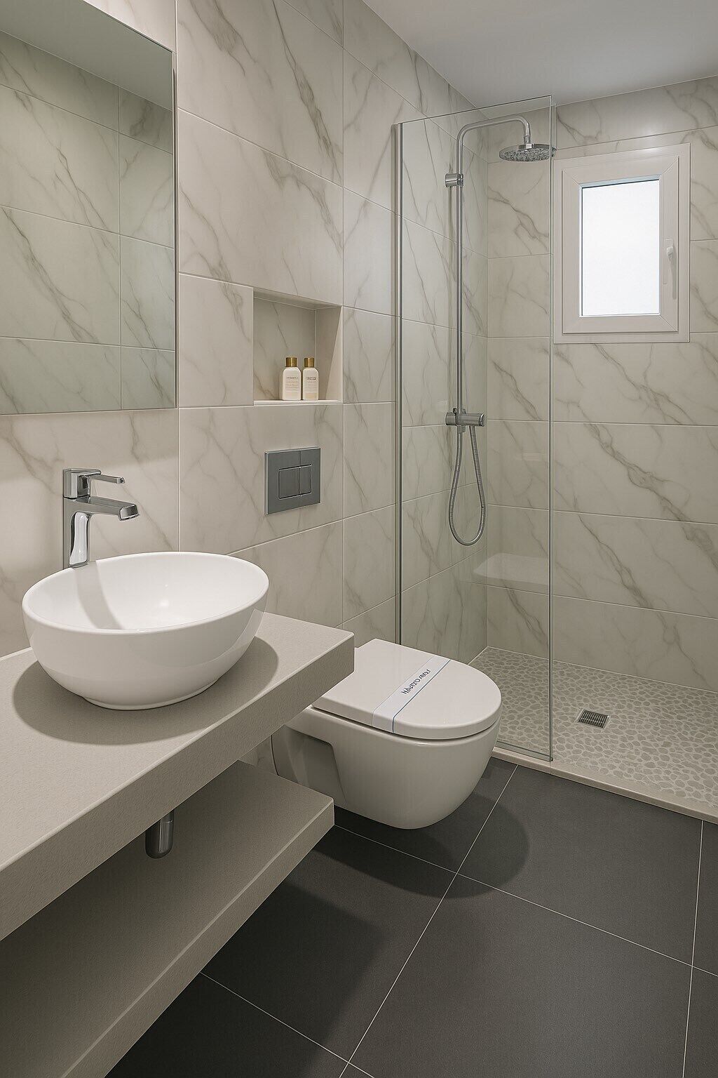 A modern bathroom with a white sink, toilet, and shower.