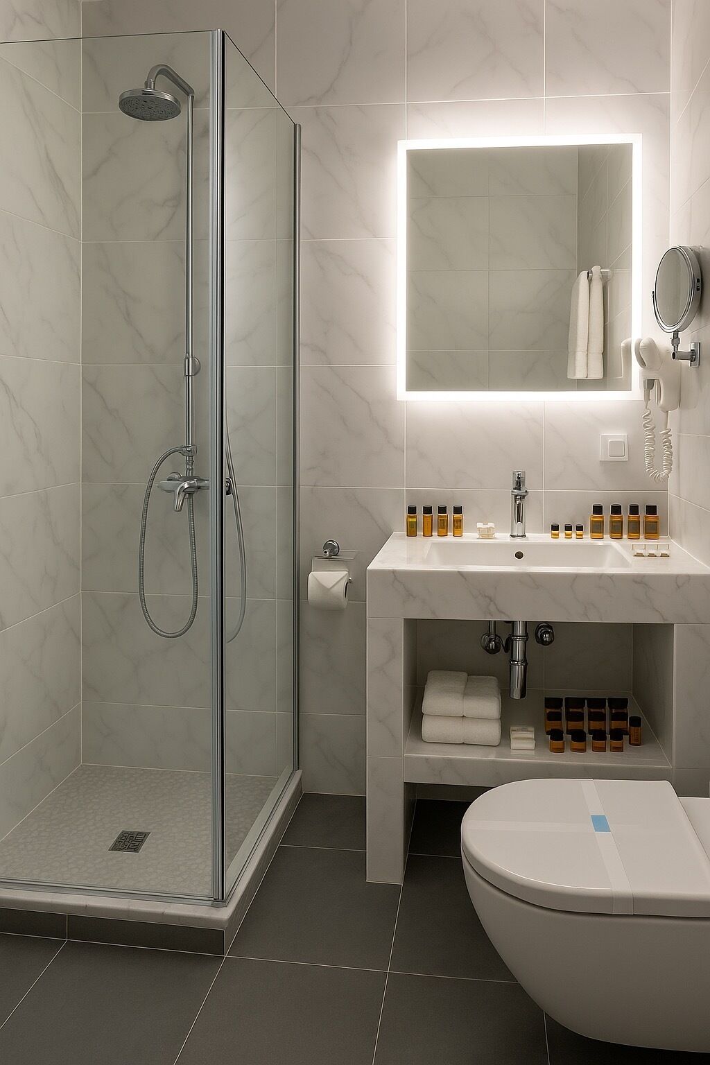 Ein modernes Badezimmer mit einer Duschkabine, einem Waschbecken mit Spiegel und einer Toilette.
