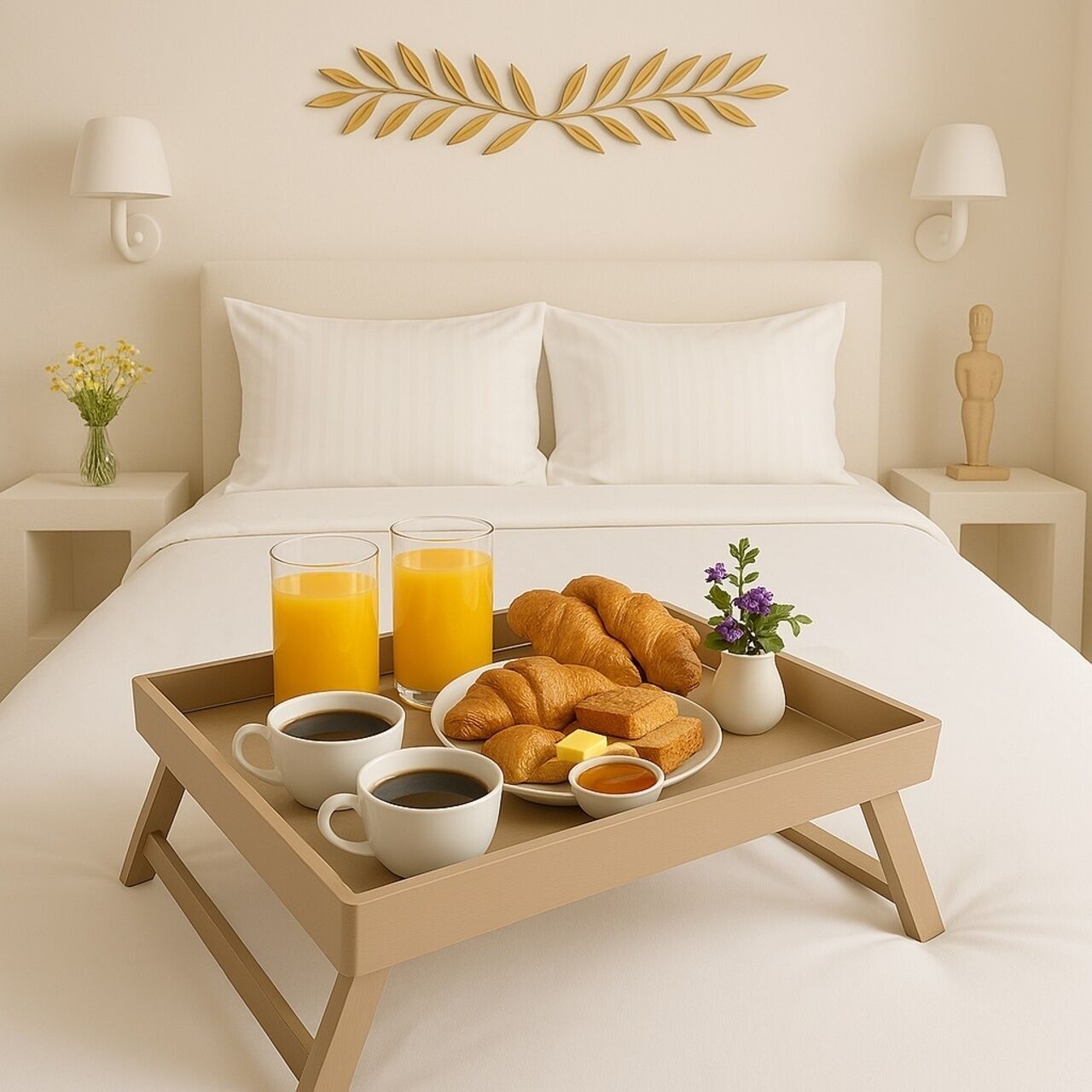 A neatly made bed with white linens, a tray with croissants, coffee, and orange juice, and a vase with flowers on the nightstand.
