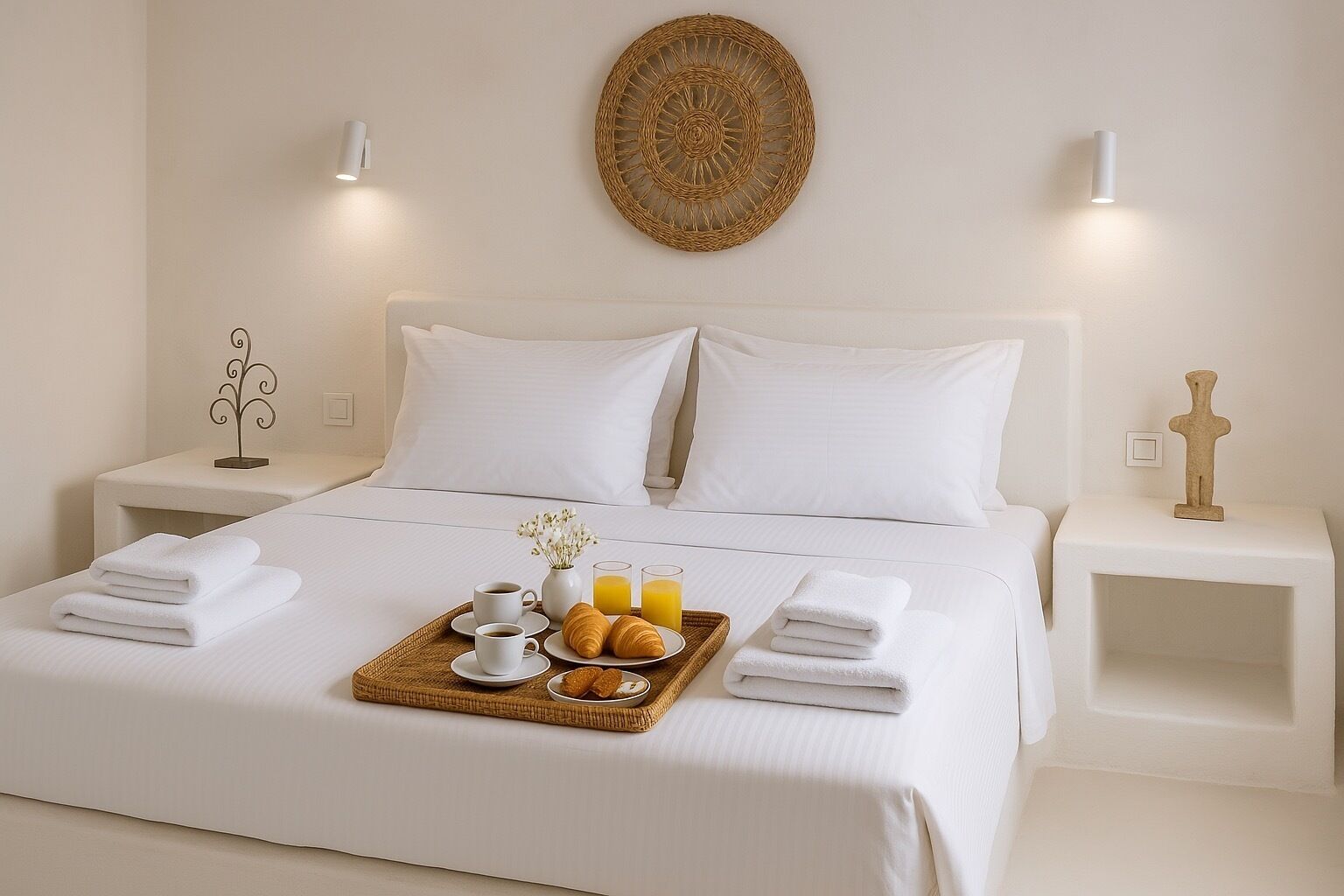 Un lit bien fait, avec du linge de lit blanc, un plateau contenant des croissants, des tasses à café et du jus d’orange, et une décoration murale.