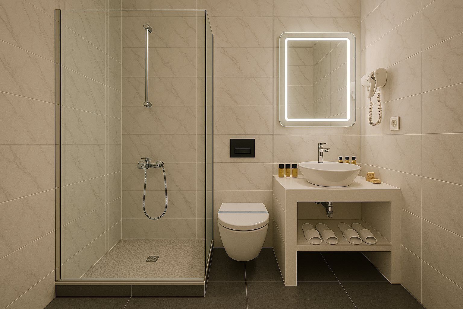 A modern bathroom with a glass-enclosed shower, a toilet, a sink with a mirror, and a telephone.