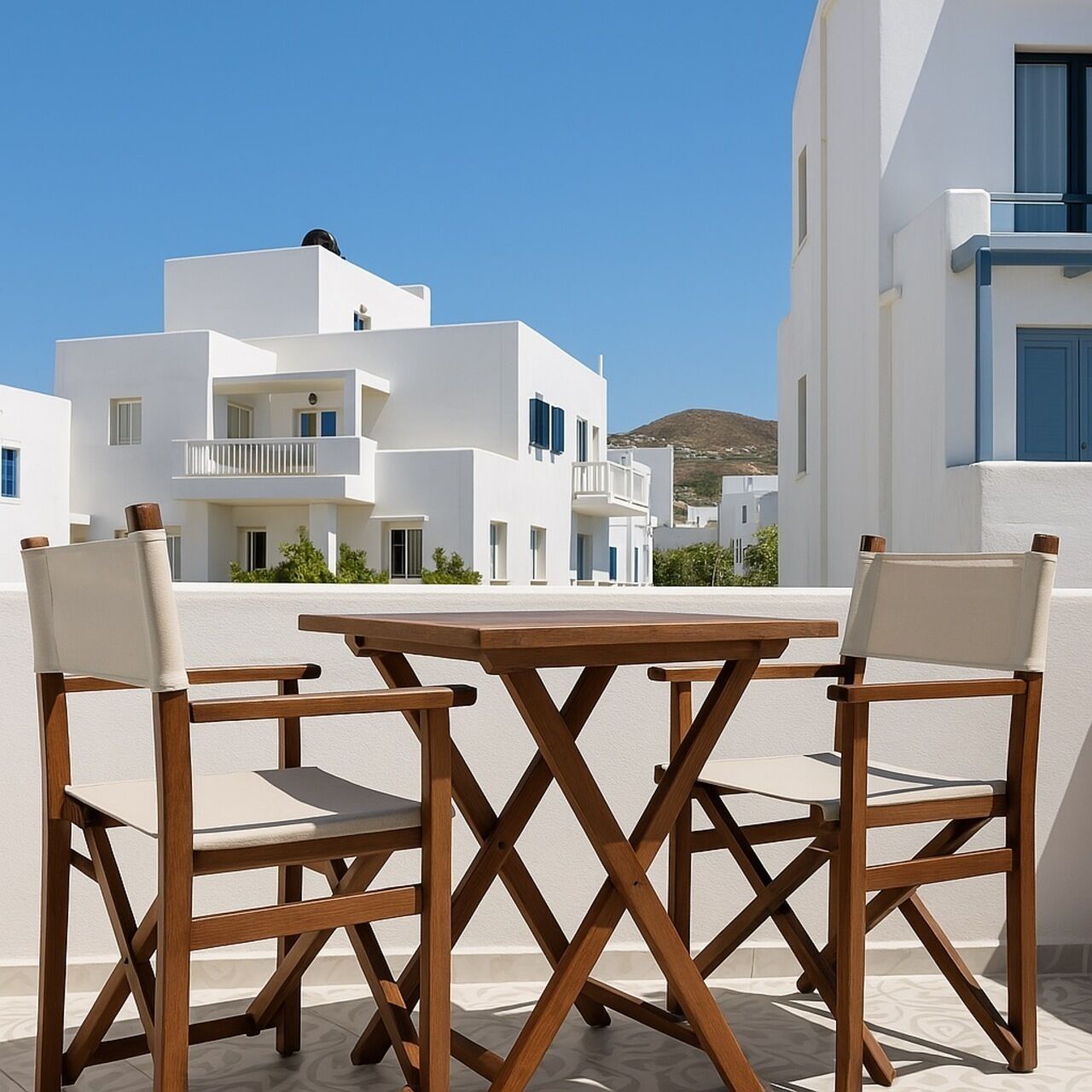 A wooden table and two chairs in an outdoor setting with white buildings in the background.