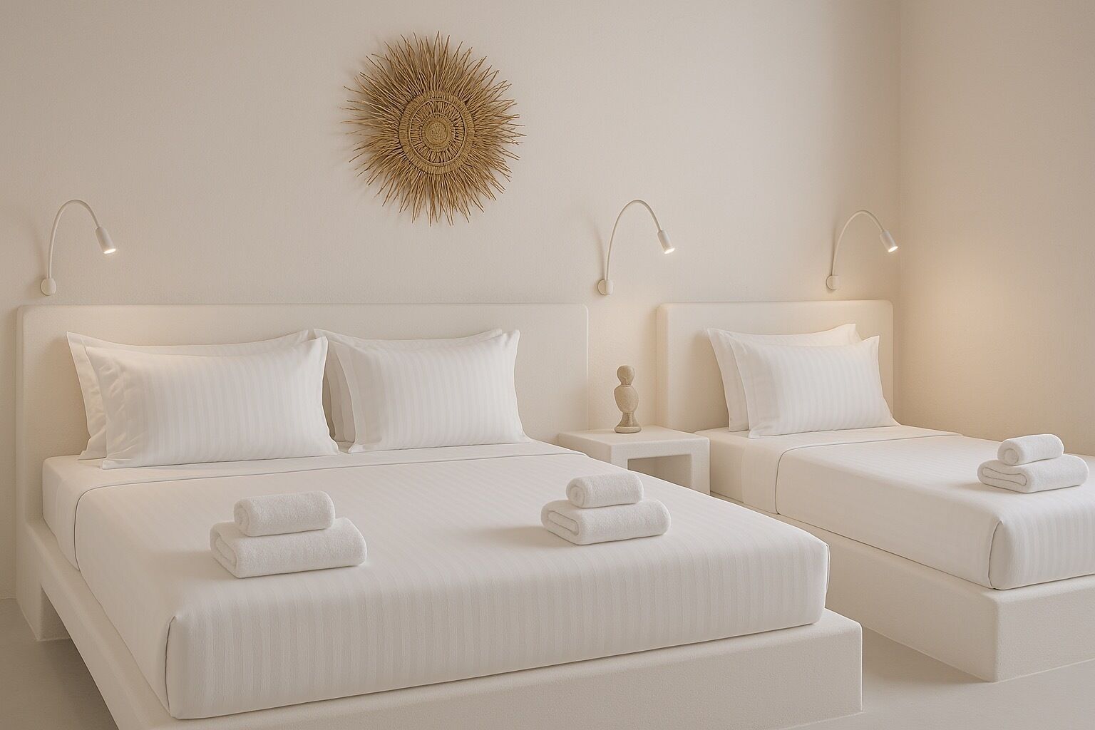A hotel room with two beds, white bedding, and a decorative wall piece.