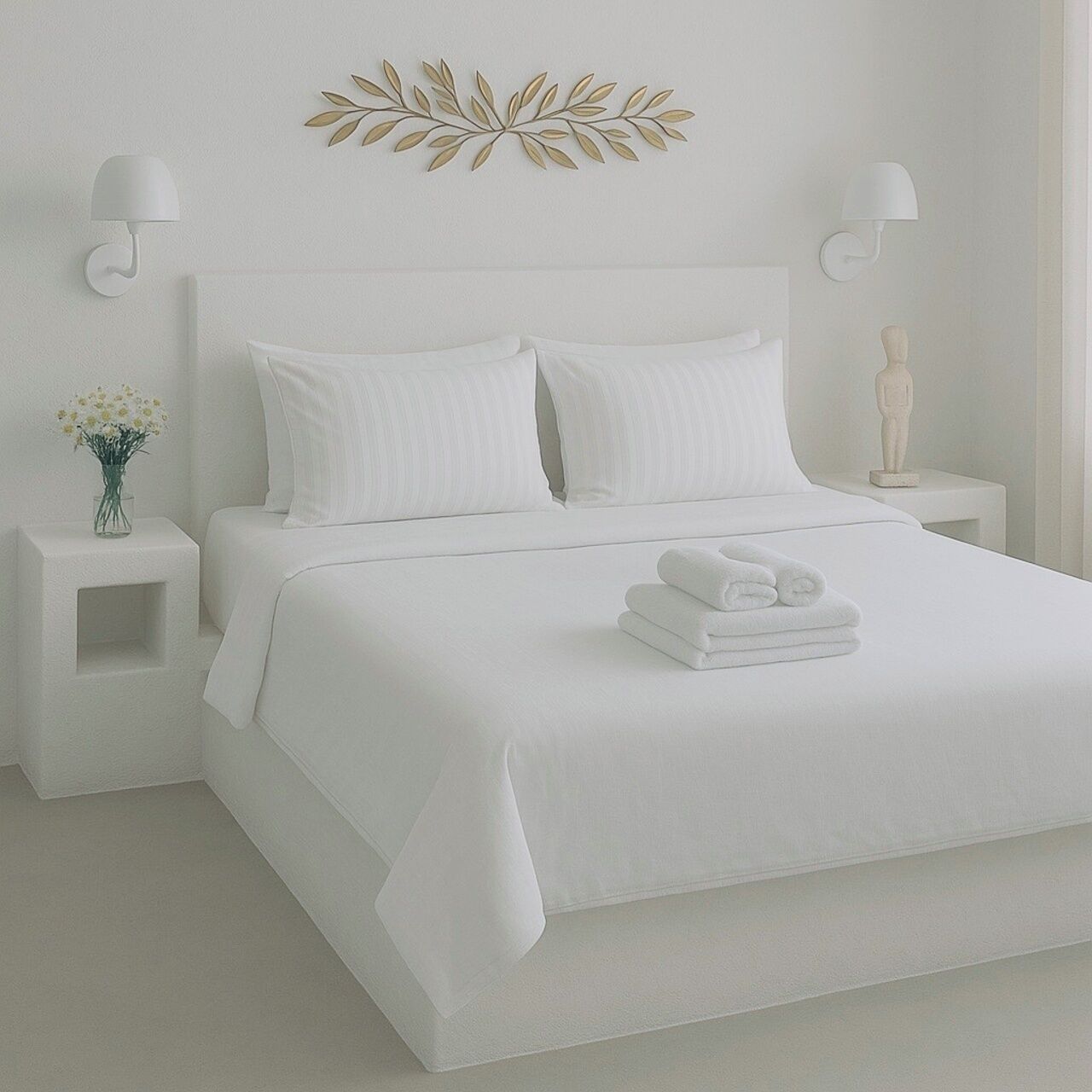 Een net opgemaakt bed met witte lakens, een decoratief kunstwerk erboven en een bloemenvaas op een nachtkastje.