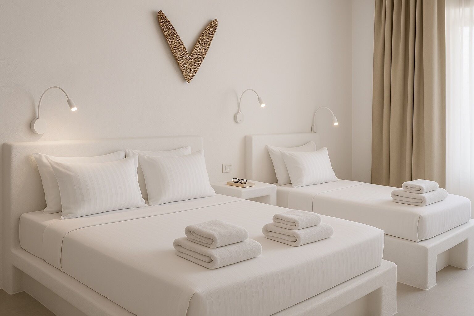 Une chambre d’hôtel avec deux lits, chacun agrémenté de draps et d’oreillers blancs, une table de chevet avec une lampe et un élément décoratif mural.