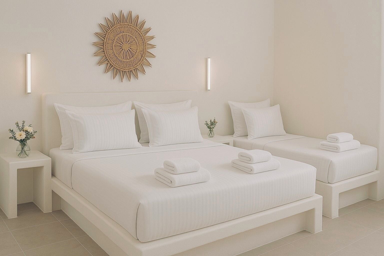 Ein modernes Hotelzimmer mit einem großen Bett, zwei Einzelbetten, weißen Leinentüchern, einem Wandbild und Nachttischen mit Vasen.