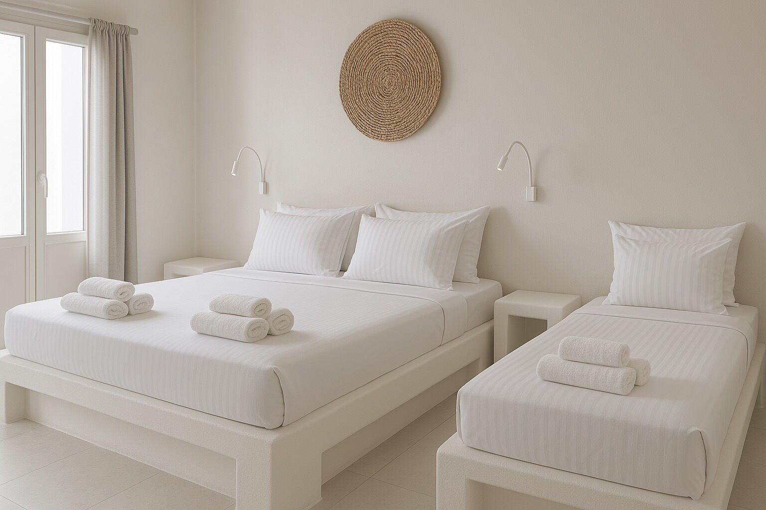 Quarto de hotel com duas camas, cada uma com roupa de cama branca e toalhas enroladas. Há uma peça de arte de parede em tear acima das camas e uma pequena mesa de cabeceira com uma luminária.