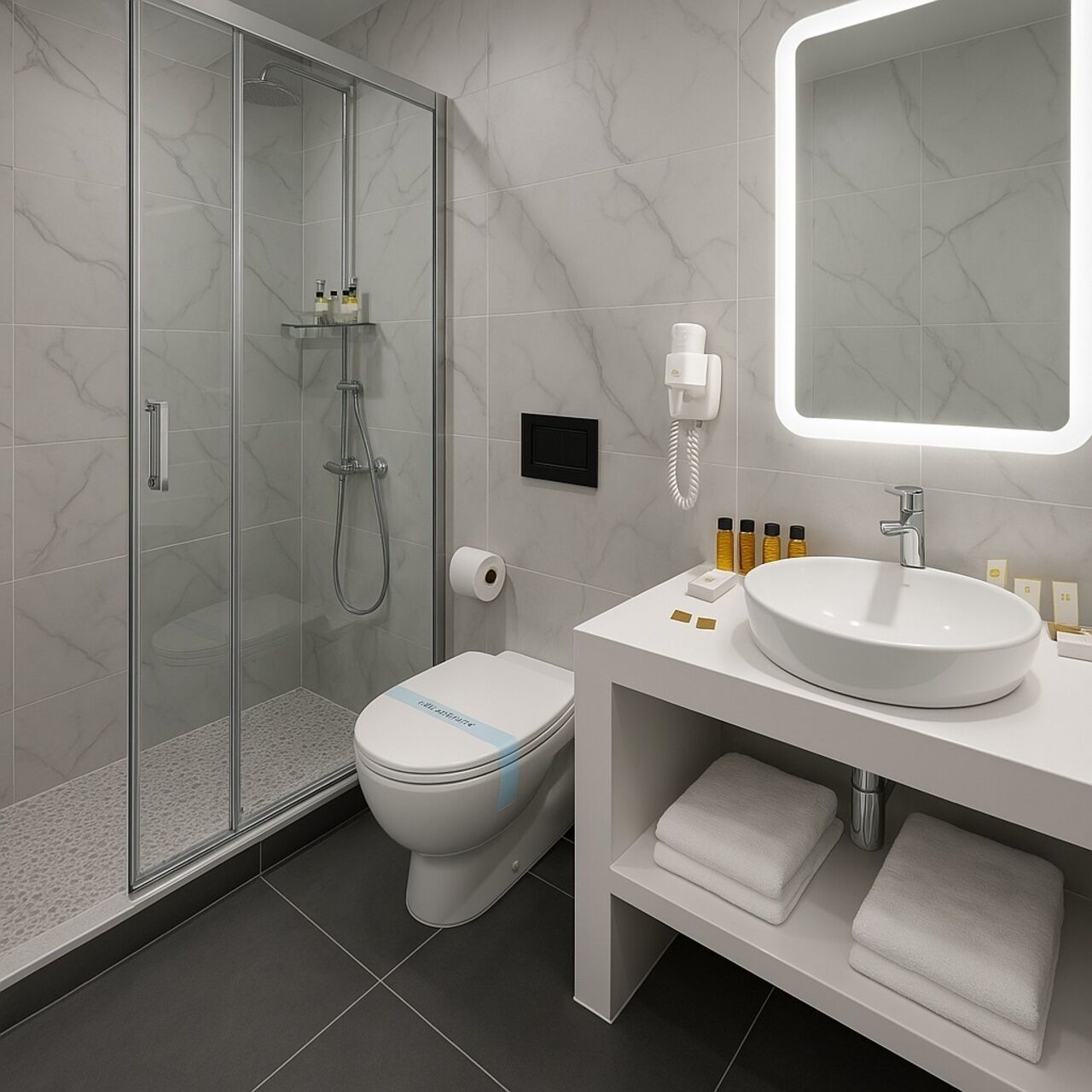 Ein modernes Badezimmer mit einer gläsernen Duschkabine, einer Toilette mit blauer Zierleiste, einem weißen Waschbecken mit runder Schüssel und einem großen Spiegel mit integrierter Beleuchtung.
