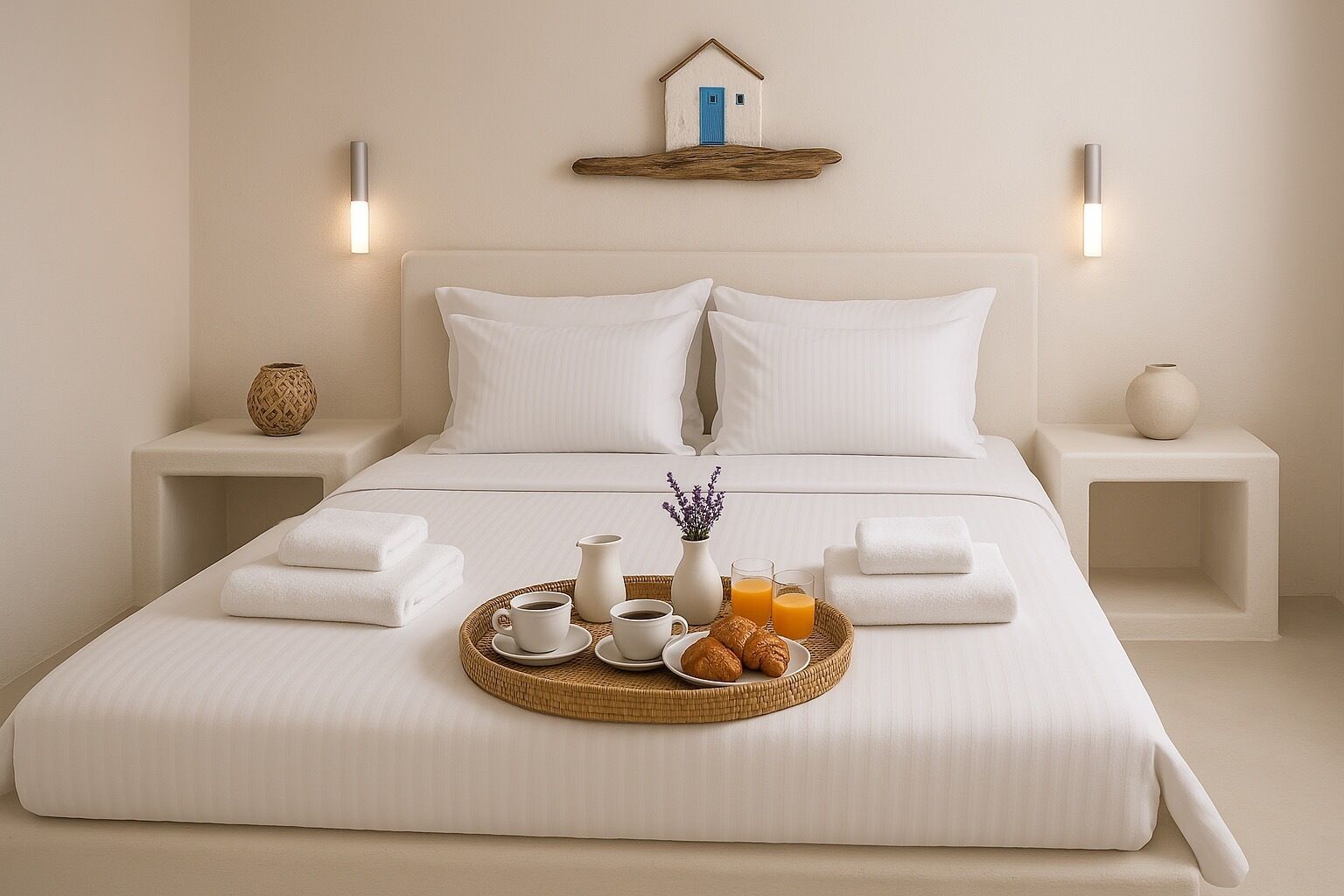 A neatly made bed with white linens, two bedside tables with lamps, a tray with breakfast items, and a wall-mounted decorative piece.