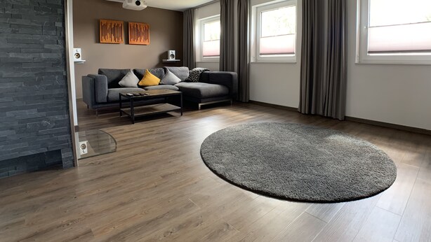 A modern living room with a sectional sofa, a coffee table, and a large rug.