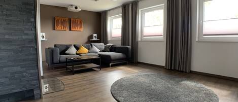 Smart TV, caminetto, libri, videoteca