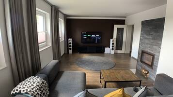 Smart TV, fireplace, books, video library