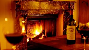 A cozy room with a fireplace, a bottle of wine, and glasses on a table. - Apartment 7 with lake view and large balcony - Gut Grubnow Rügen (Neuenkirchen)