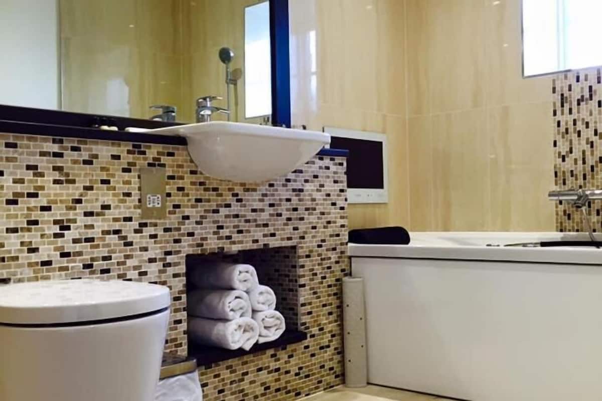 combined shower/bathtub, jetted bath, free toiletries, hair dryer