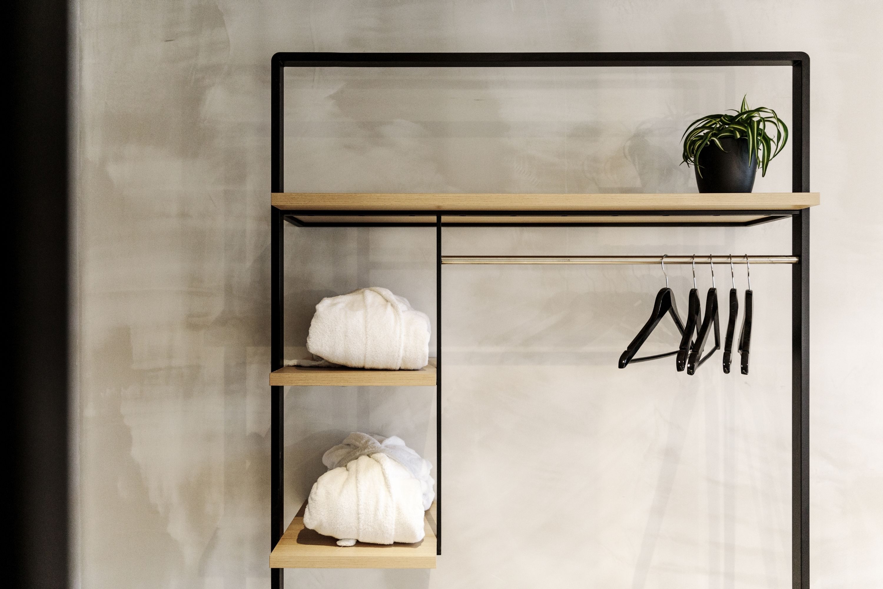 A minimalist shelving unit with three shelves, one of which holds a potted plant.