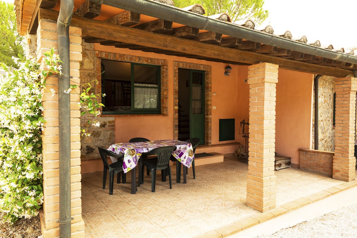 Une terrasse extérieure avec une table et des chaises, un mur en briques et une porte verte.