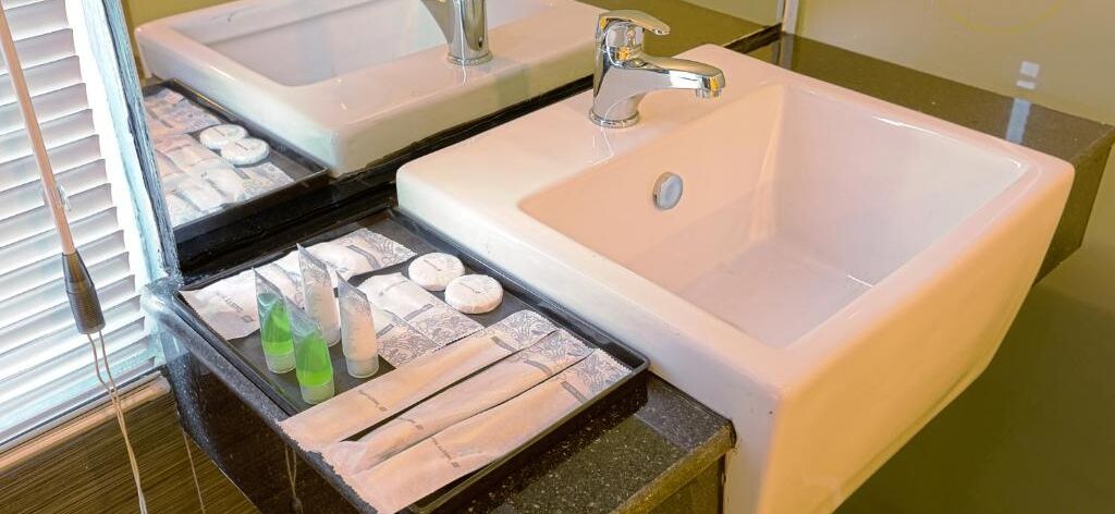 free toiletries, slippers, towels