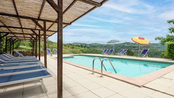 Seasonal outdoor pool, pool umbrellas, sun loungers