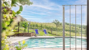 Une piscine bordée de deux chaises longues bleues, entourée d’une clôture et de verdure.