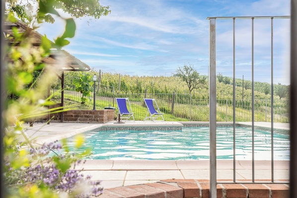 Seasonal outdoor pool, pool umbrellas, pool loungers - Agriturismo Bevione Davide (Farigliano)
