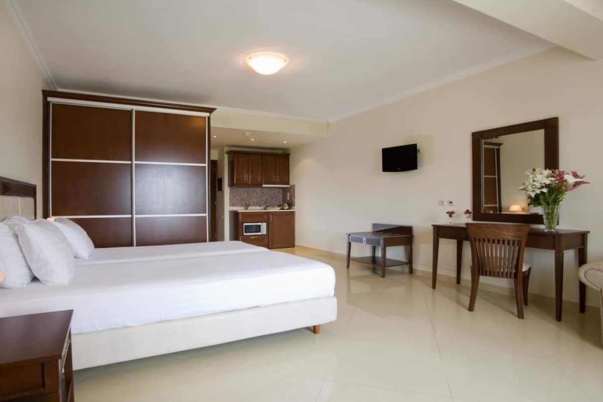 Habitación de hotel con una cama grande, un escritorio, una silla, un televisor y una pequeña kitchenette.