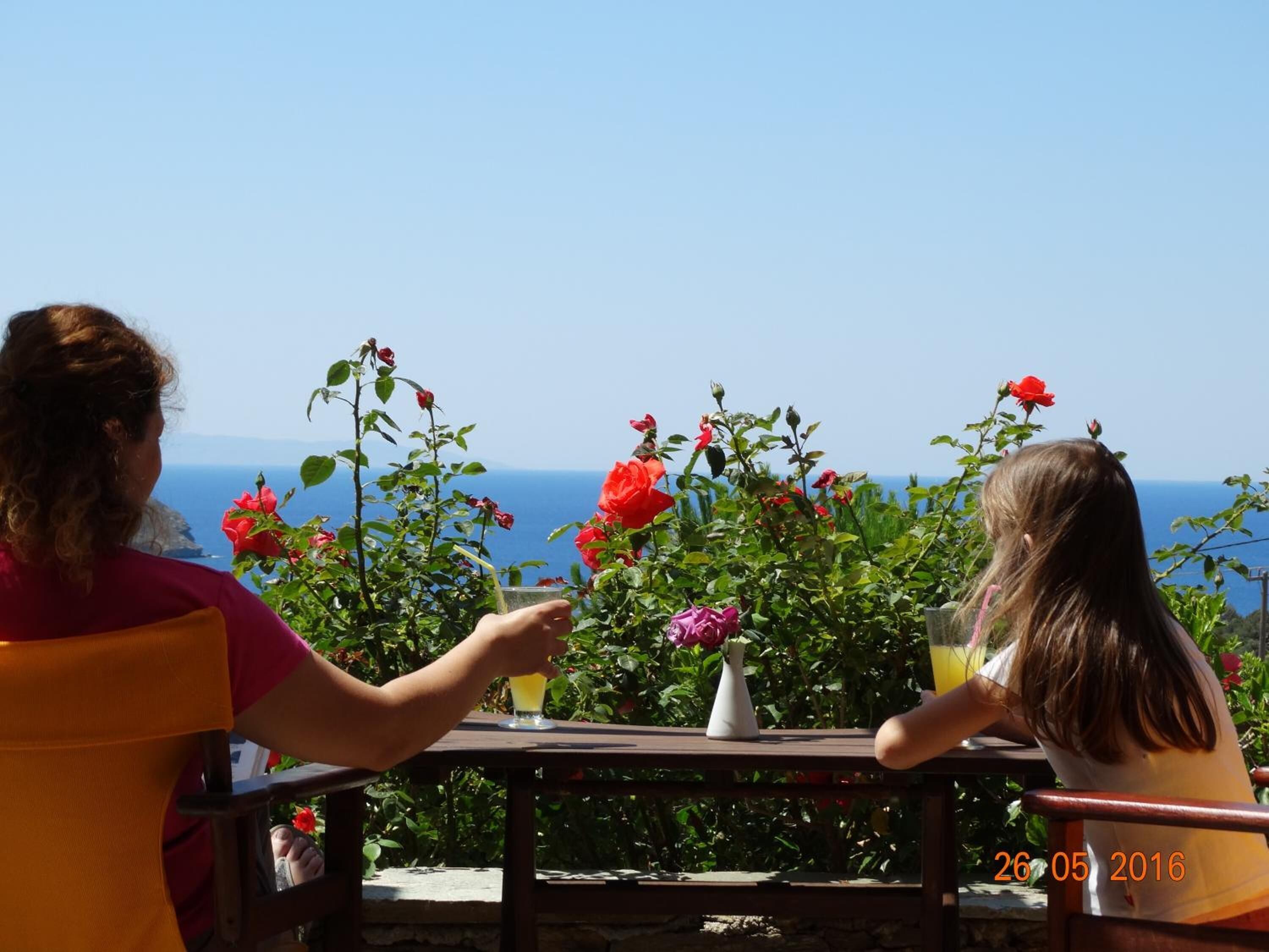 Two people sitting at an outdoor table with a view of the sea.