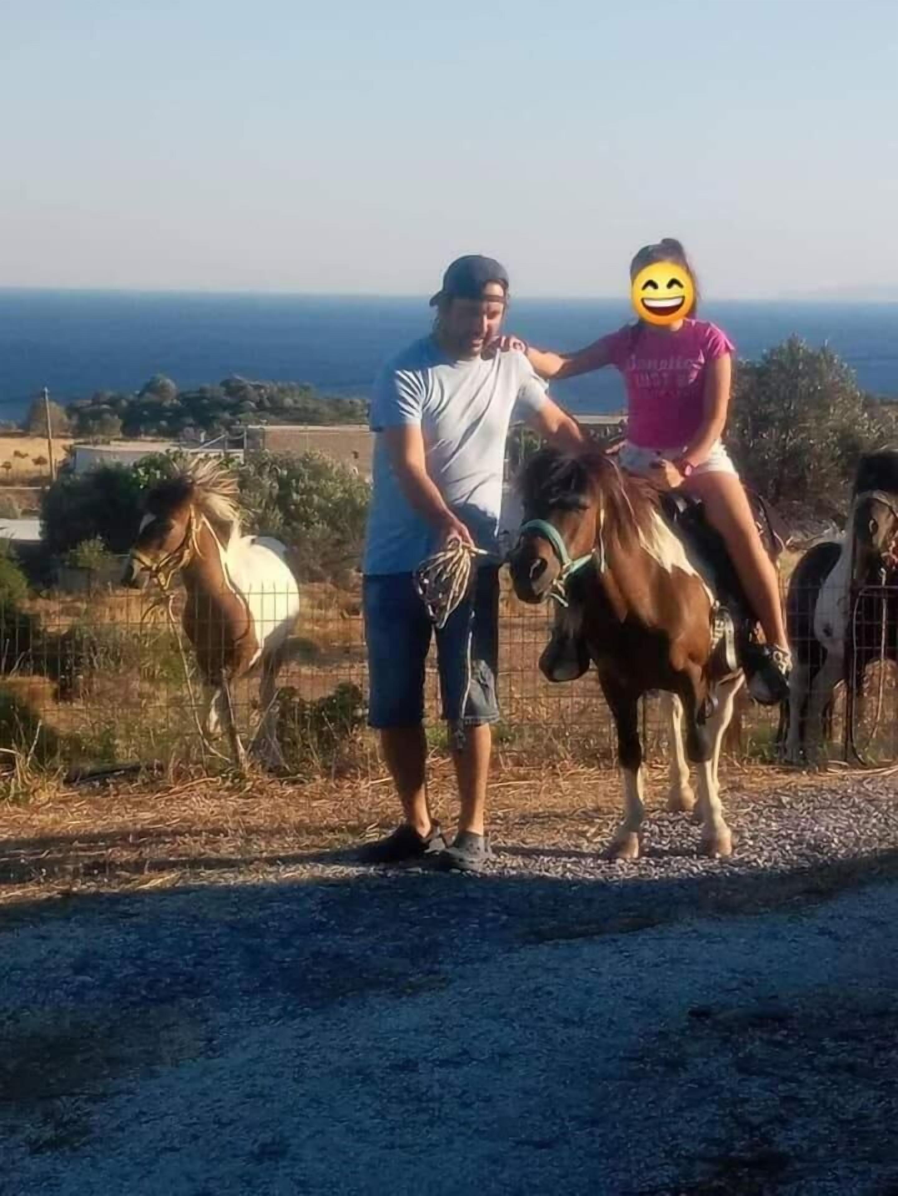 A person holding a horse's reins, with another person on a horse in the background.