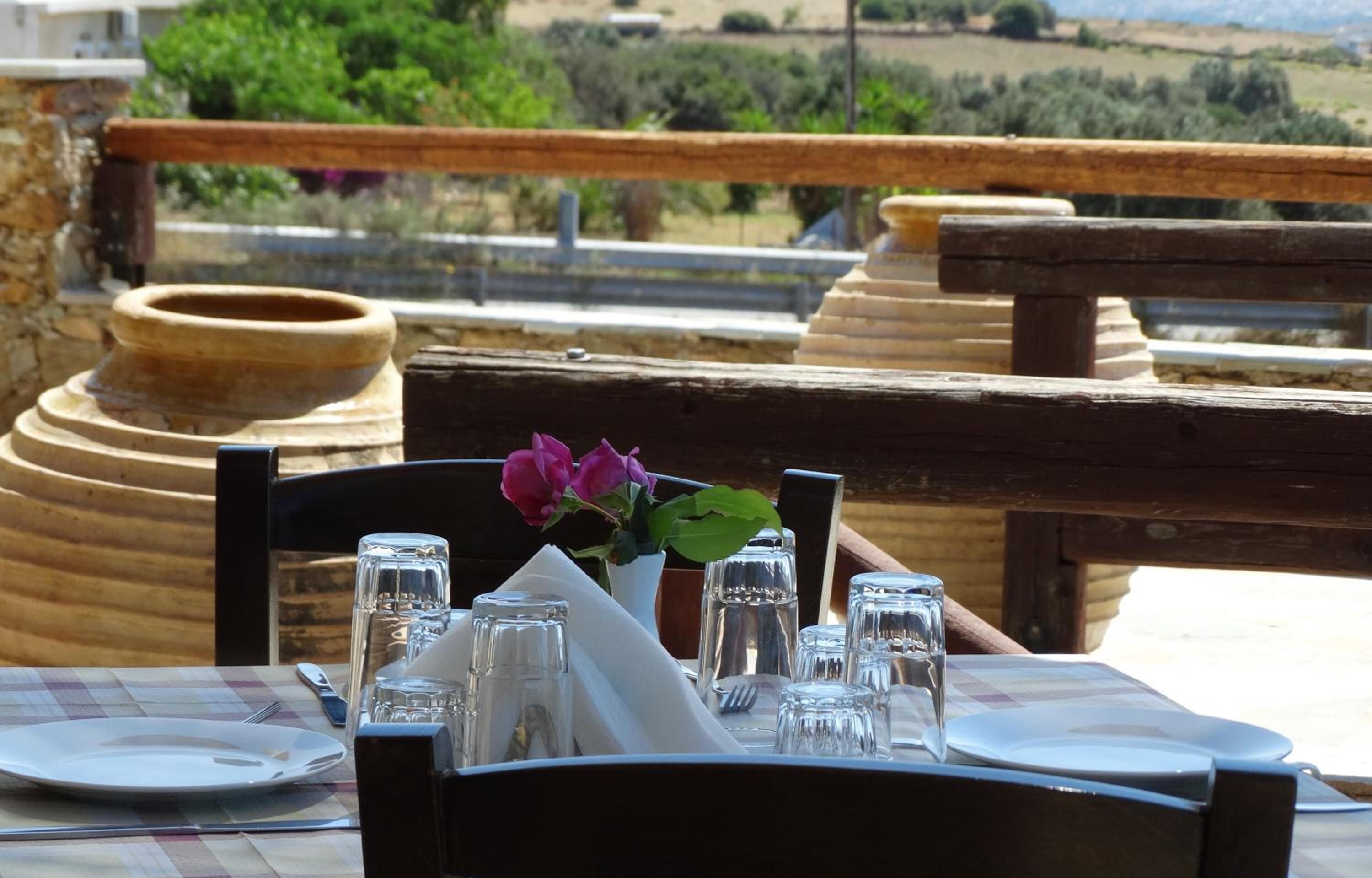 Mesa preparada para comer con vistas al campo.