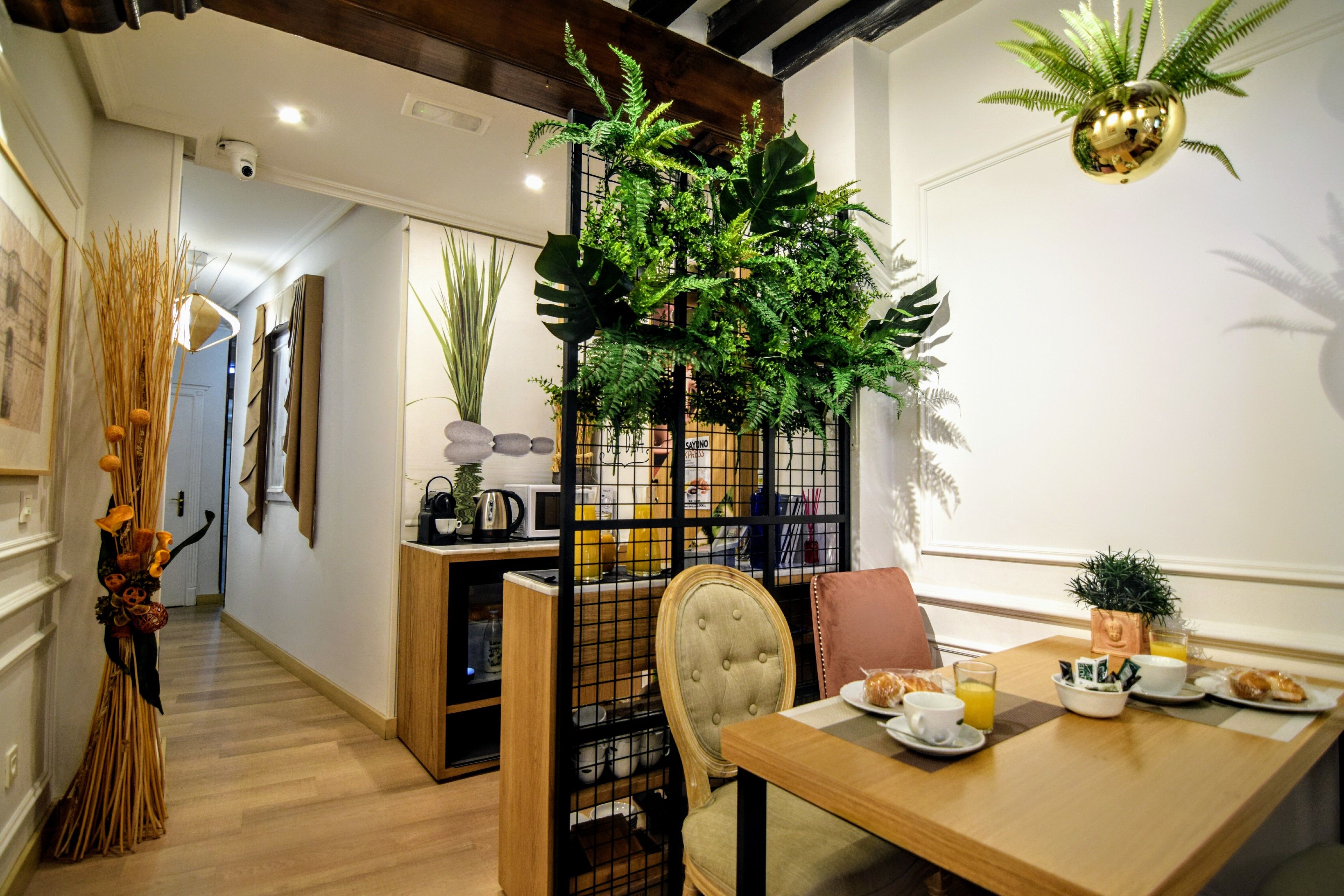 Un coin repas avec une table en bois mise pour le petit-déjeuner, une chaise et une plante décorative.