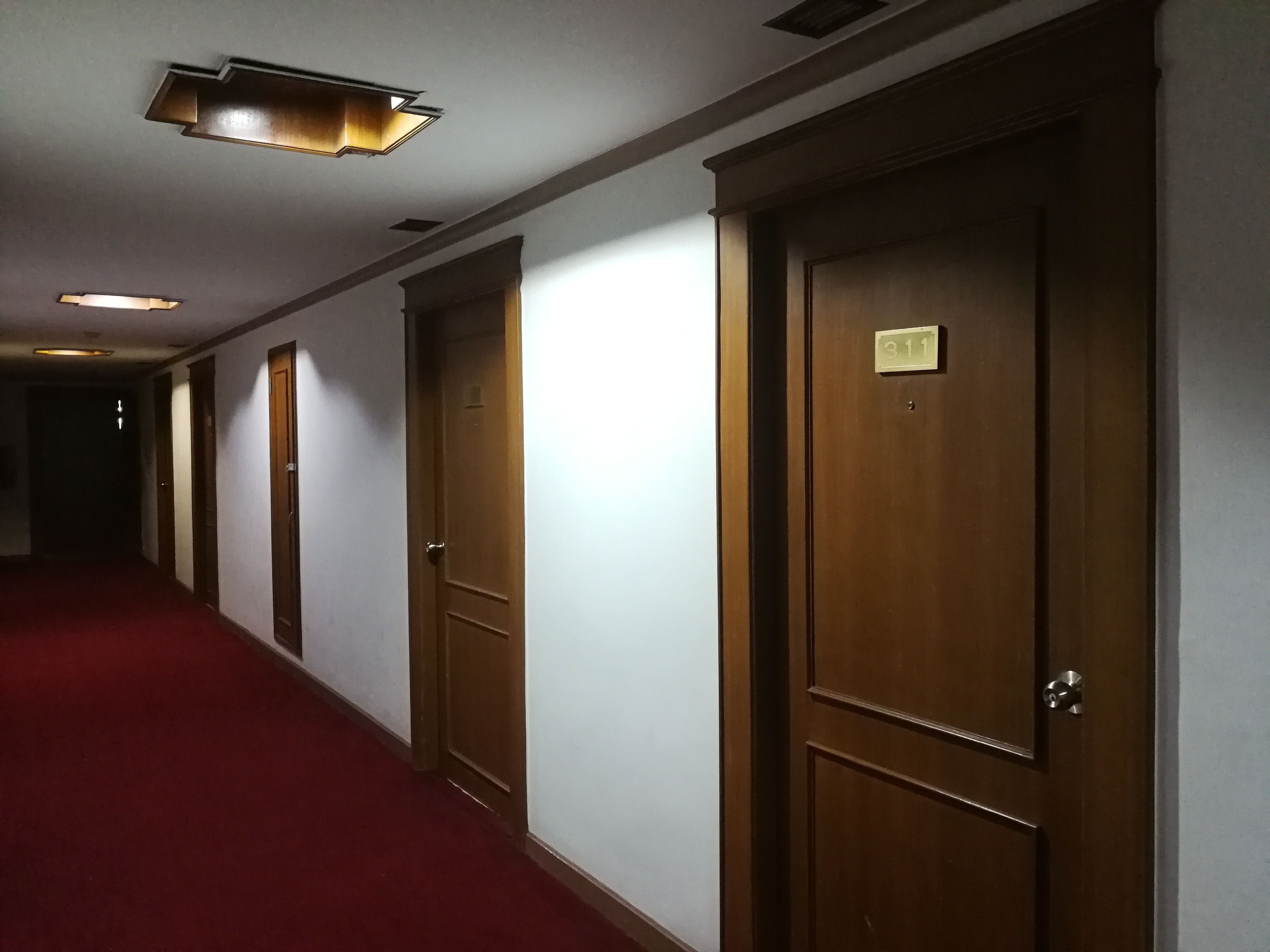Un pasillo de hotel con puertas de madera, alfombra roja y un candelabro en el techo.