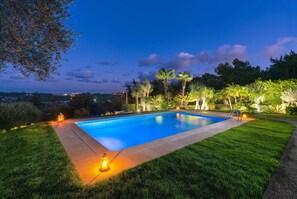 Outdoor pool, pool umbrellas, pool loungers