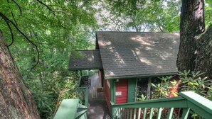 A wooden cabin with a green railing, surrounded by dense forest. - Vacation Cottage in Premier Resort (Boone)