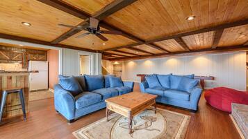 Télévision, cheminée, lecteur de DVD, baby-foot