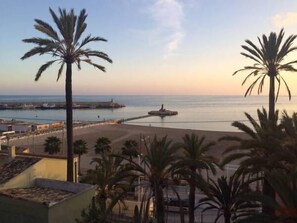 A coastal view with palm trees, a beach, and a pier with boats. - Palasiet (Villajoyosa)