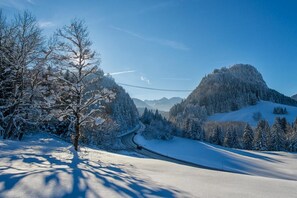 A snow-covered landscape with a winding road, trees, and mountains.