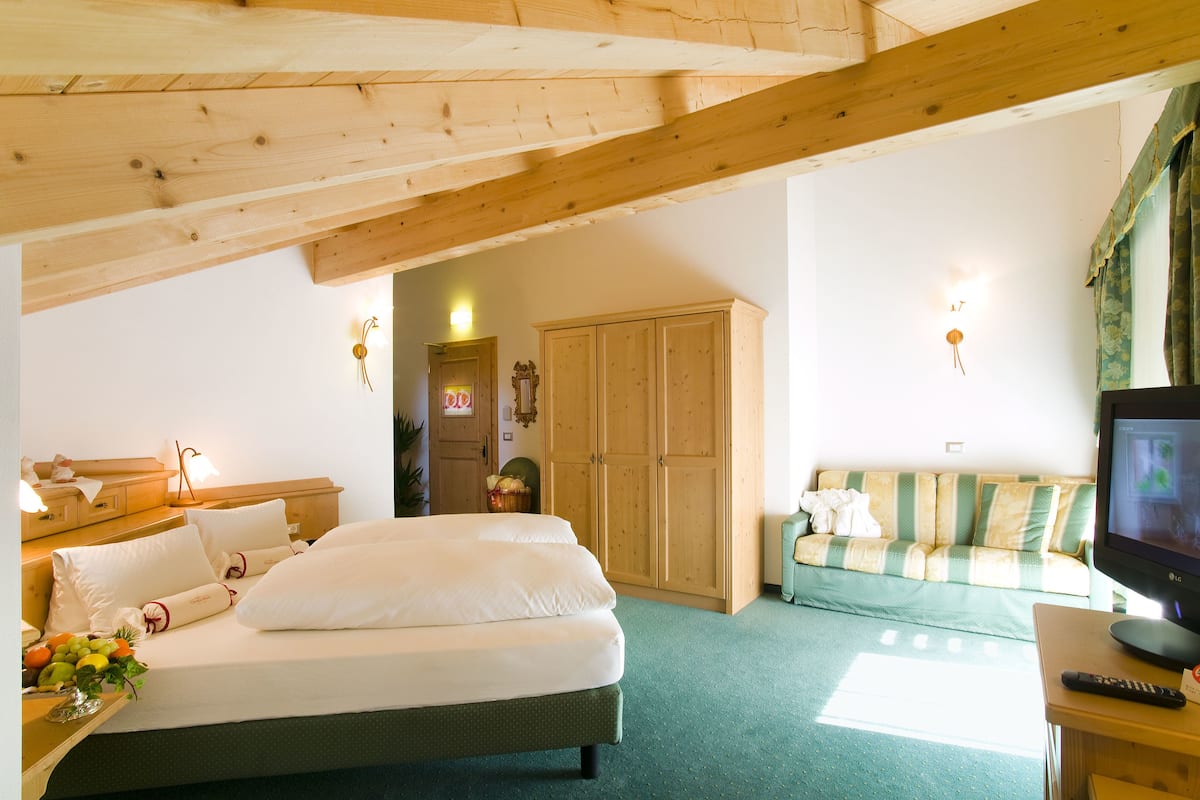 Un dormitorio con cama, armario de madera, televisor y sofá.